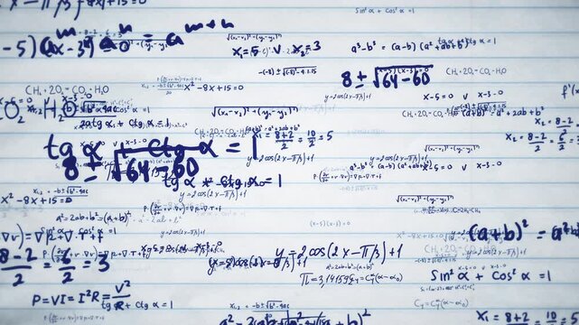 Flying Math Formula Equations Science Symbols on notebook paper. Math Calculation. Concept of thinking, confusion, calculating, cognitive, learning.