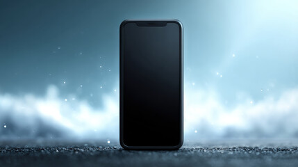 Fototapeta premium Black smartphone on textured surface with blue light and mist, isolated front view of modern mobile device