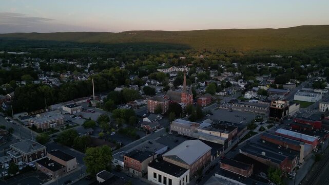 view of port jervis downtown church aerial (small town village new york new jersey pennsylvania tri state line border) delaware river city urban commercial district