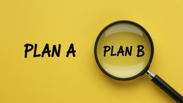 Magnifying glass focusing on Plan B text over yellow background for contingency planning and backup strategy concept
