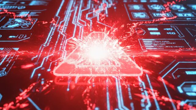 breach alert symbol fracturing in extreme close-up across secure interface as warning signal pulses outward, illustrating cyber attack detection, system compromise response, active threat escalation