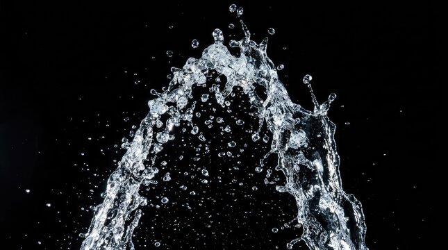 Water bursts upwards in a dynamic spray, creating a dramatic arc against a dark background. The water droplets shimmer and reflect light, forming a captivating visual effect.