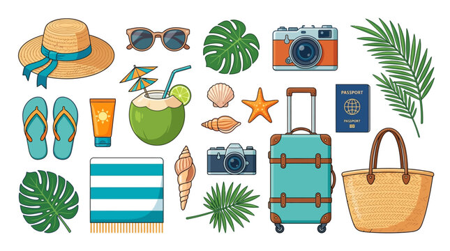 Tropical Summer Travel Essentials Collection Arranged for Vacation Preparation and Luxury Holiday Lifestyle Concept