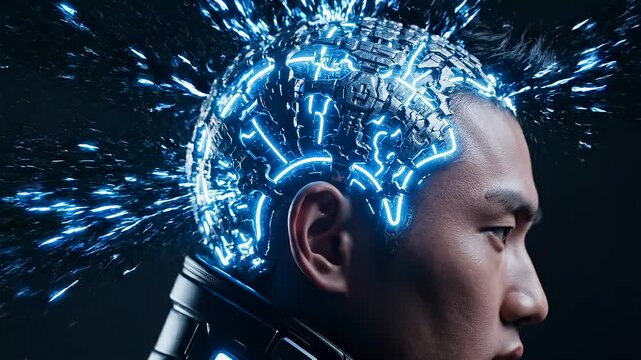 head profile forming protective skull dome in extreme close-up as neural energy patterns activate around brain structure, illustrating cognitive processing, neural defense, and advanced brain function