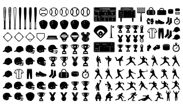 Baseball Sports Vector Collection with Equipment Icons and Action Player Silhouettes