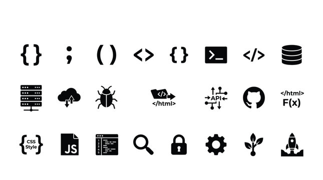 Programming icons illustrate coding tasks.