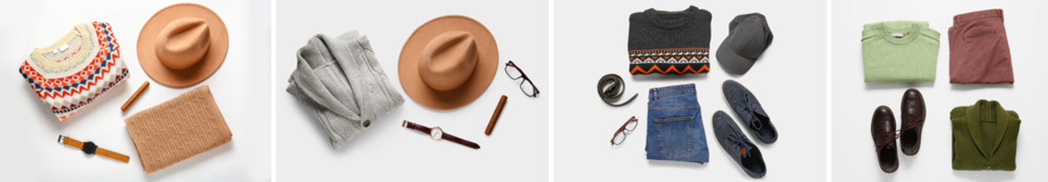 Flat lay collection of men's autumn and winter fashion outfits with sweaters, hats, and accessories on white background