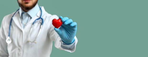 Medical doctor in white coat and blue gloves holding red heart, healthcare and cardiology