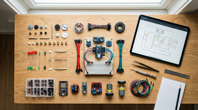 Flat lay overhead perspective showing a wooden desk surface organized with various electronic components circuit boards wires and a digital tablet displaying a technical engineering schematic