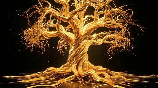 Golden liquid tree animation showing metallic branches and flowing roots in a dark environment with smooth motion captured in this high quality abstract digital motion clip for modern visual creative 