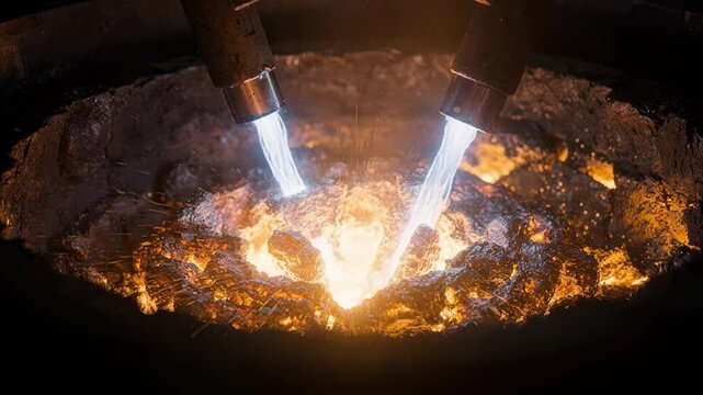 Closeup medium shot focusing on electrode tips within a hybrid electricoxygen furnace highlighting sparks and electric arcs in hightemperature smelting.