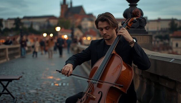 A talented cellist performing on the charles bridge in prague during a scenic twilight, capturing the romantic atmosphere of the city