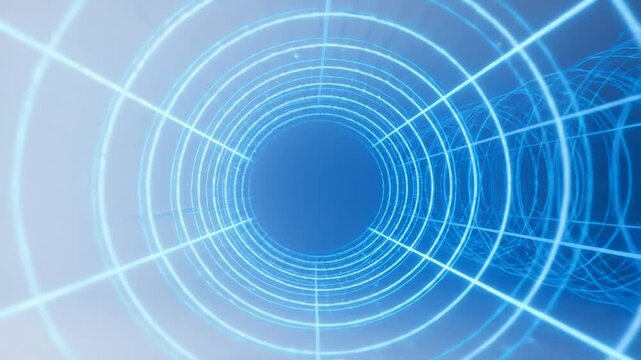 Glowing blue digital tunnel with circular grid lines creating futuristic technology flow and immersive depth perspective motion effect