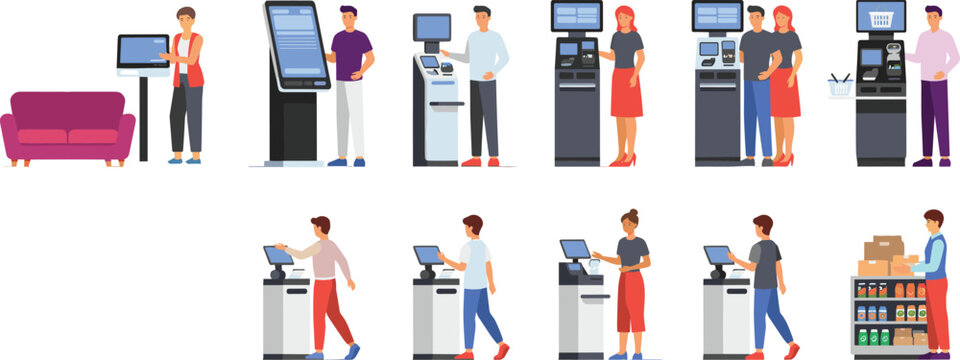 Self Service Kiosk and Interactive Touchscreen Terminal Collection with Customers Using Automated Checkout, Payment and Information Systems Illustration