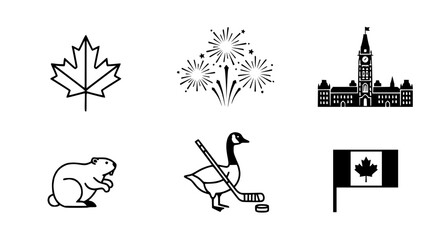 Fototapeta premium Canada Icons: Maple Leaf, Fireworks, Parliament, Beaver, Hockey, Flag