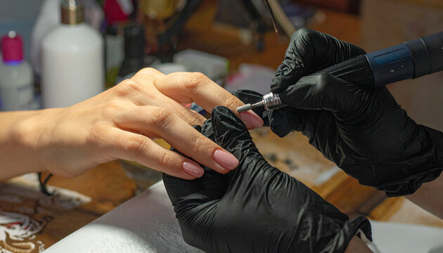 Close-up of a nail technician using an electric file to shape a clients fingernail.