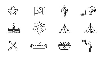 Canada Icons Set: Maple Leaf, Flag, Beaver, Parliament, Canoe, Fireworks © Capi