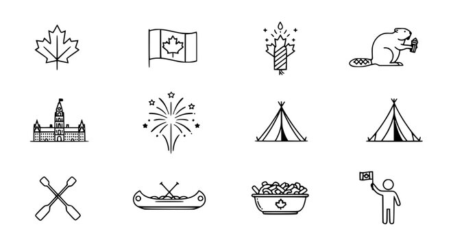Canada Icons Set: Maple Leaf, Flag, Beaver, Parliament, Canoe, Fireworks