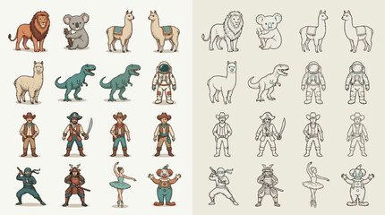 Obraz premium Collection of cartoon characters including animals, cowboys, astronauts, and historical figures.