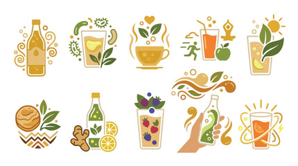 Collection of healthy drinks and beverages, including smoothies, juices, and teas, with natural ingredients and wellness symbols. © tr