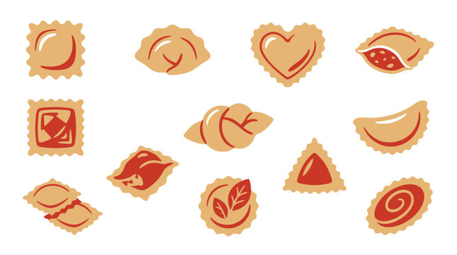 Collection of various shapes and fillings of ravioli and dumplings, illustrated in a simple, flat design style.