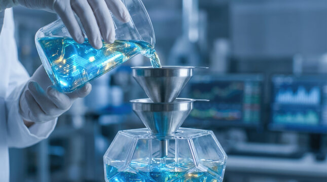 Pouring glowing liquid into funnel with digital circuit pattern in laboratory environment with computer screens