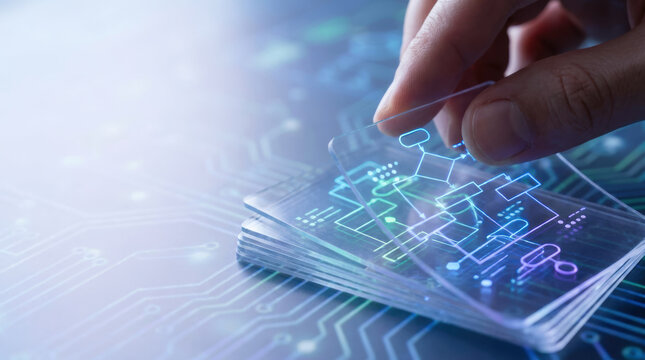 Transparent cards with digital circuit diagrams being sorted by fingers on futuristic electronic surface, symbolizing technology and innovation
