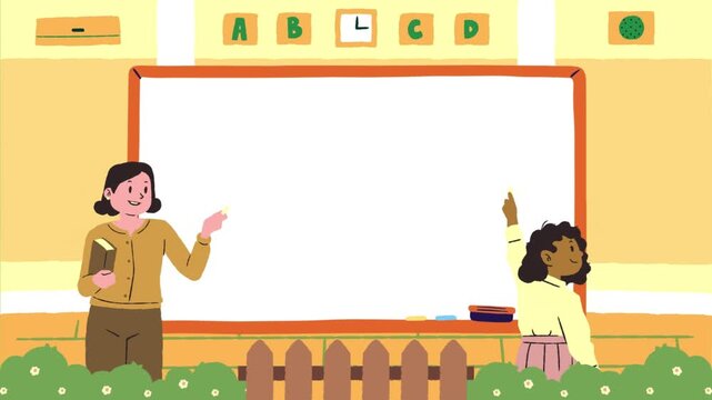 Cartoon School Classroom Animation With Teacher And Student Raising Hand On Whiteboard Background