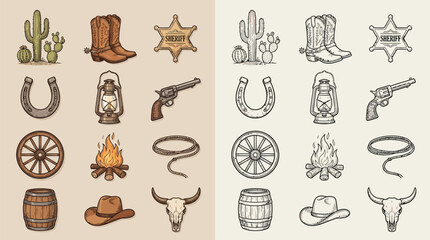 Collection of Western cowboy icons and symbols in color and sketch style. © renender