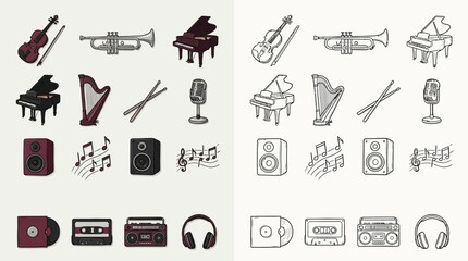 Collection of musical instruments and audio equipment icons in two styles, color and outline. © renender