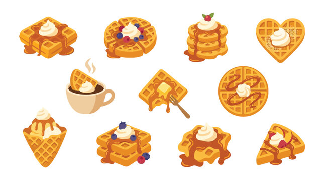 Collection of delicious waffles with various toppings and syrup, presented in different shapes and styles.