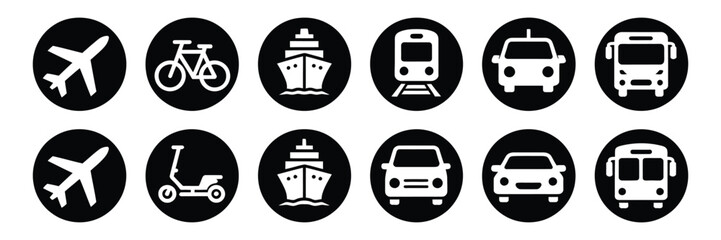 Transportation Symbols, standard vehicle icons in black circles, public transit and travel signs, road, rail, air and marine transport vector illustration. © ayat 02