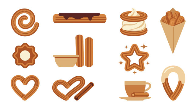Collection of stylized churros in various shapes and forms, including swirls, hearts, stars, and a cup of coffee.