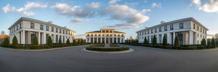 Fototapeta premium Panoramic View of Grand Classical Buildings with Circular Driveway under Blue Sky