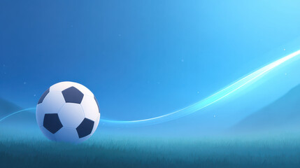 Naklejka premium Soccer ball on blue field with glowing light trail and grass background for sport graphic design, clean digital wallpaper
