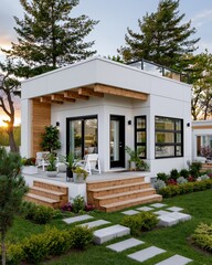 Fototapeta premium Modern minimalist white cube-shaped house with wooden accents and rooftop deck at sunset