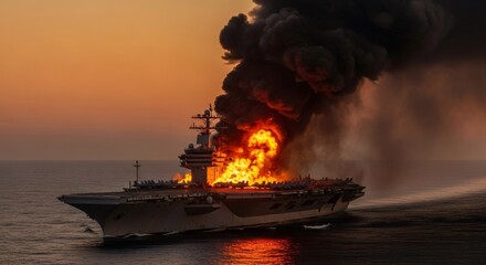 Obraz premium Aircraft carrier on fire at sea. Warship engulfed in flames with thick black smoke during sunset. Military conflict, naval attack and destruction. Serious danger and emergency situation.