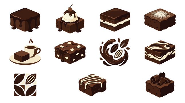 A collection of delicious chocolate brownies with various toppings and decorations, presented in a clean, illustrative style.