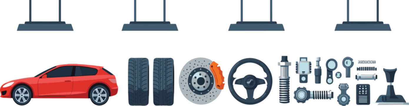 Automotive spare parts collection with car, tires, steering wheel, brake disc, suspension, and mechanical components vector illustration