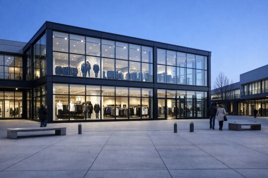 Modern glass-front apparel store exterior at dusk with shoppers walking by. Ai generative
