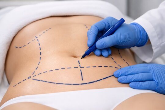 Plastic surgery marking on abdomen before medical procedure.. Ai generative