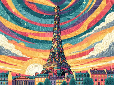 Vibrant Stylized Eiffel Tower Silhouette Against a Psychedelic Sunset Sky with Parisian Rooftops
