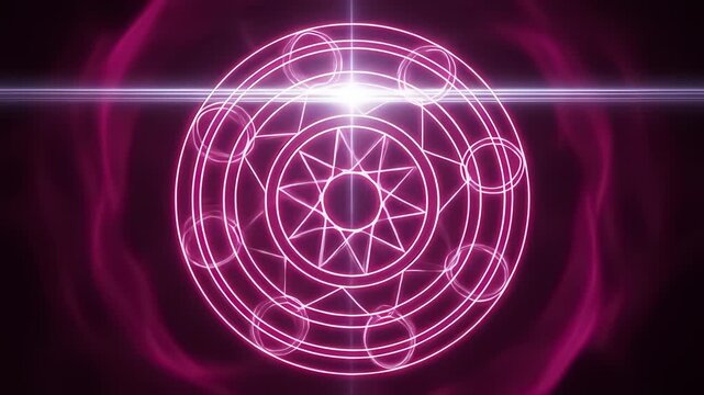Glowing pink magic circle with geometric patterns and lens flare