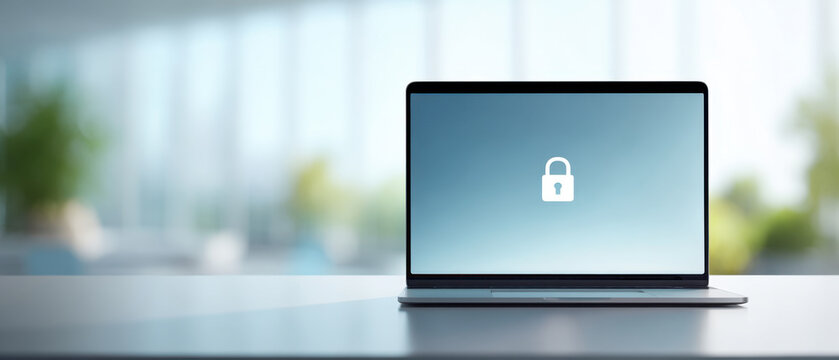 Laptop security laptop computer lock padlock privacy data protection screen desk modern clean office workspace technology cyber secure safety internet business background empty silver thin open