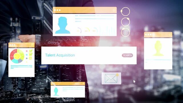 Business professional using digital interface for talent acquisition with abstract technology background showcasing online recruiting and candidate profiles. Entropy.