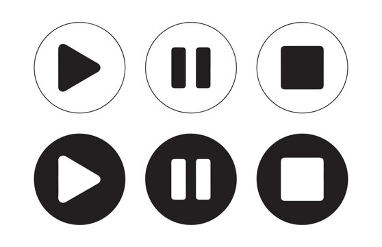 Circular media button collection with solid black and white play pause and stop playback symbols.