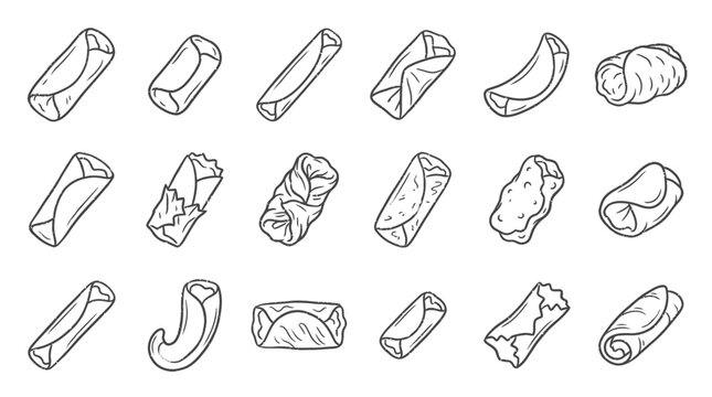 Collection of hand-drawn illustrations of various spring rolls and wraps in different styles and stages of completion.