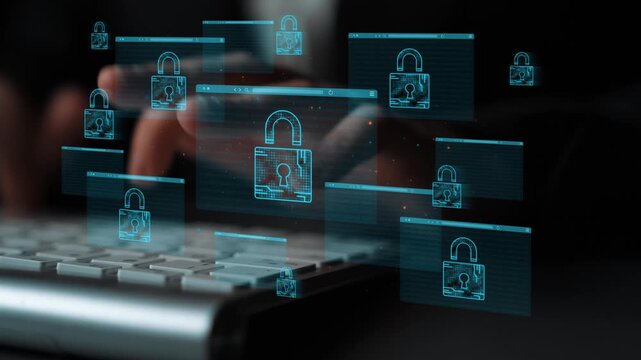 Digital Security Concept with Floating Lock Symbols and Hands Typing on a Keyboard Representing Online Safety and Data Protection in a Modern Workspace Environment. Entropy.