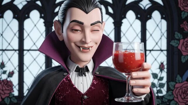 Cartoon vampire holding a glass of red liquid with fangs