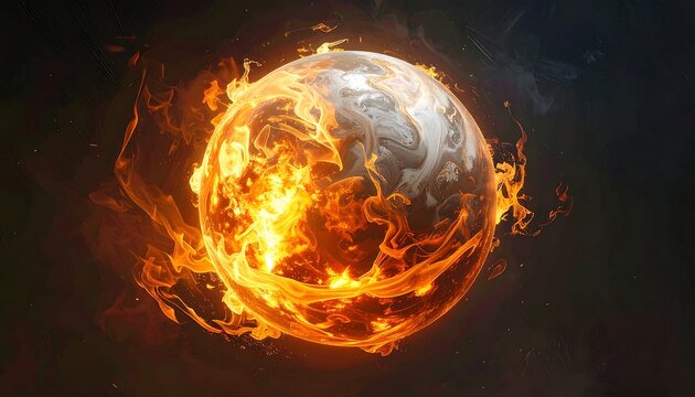 Glowing, swirling orb engulfed in vibrant, animated flames against a smoky, dark background
